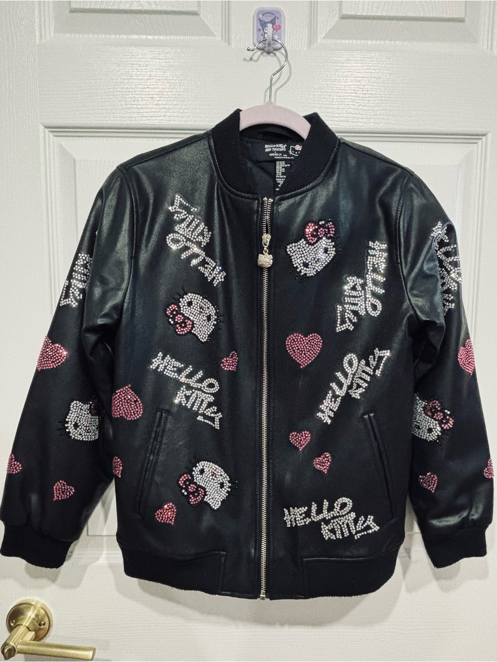 Forever 21 Black Hello Kitty Embellished Bomber Jacket with Pink Hearts